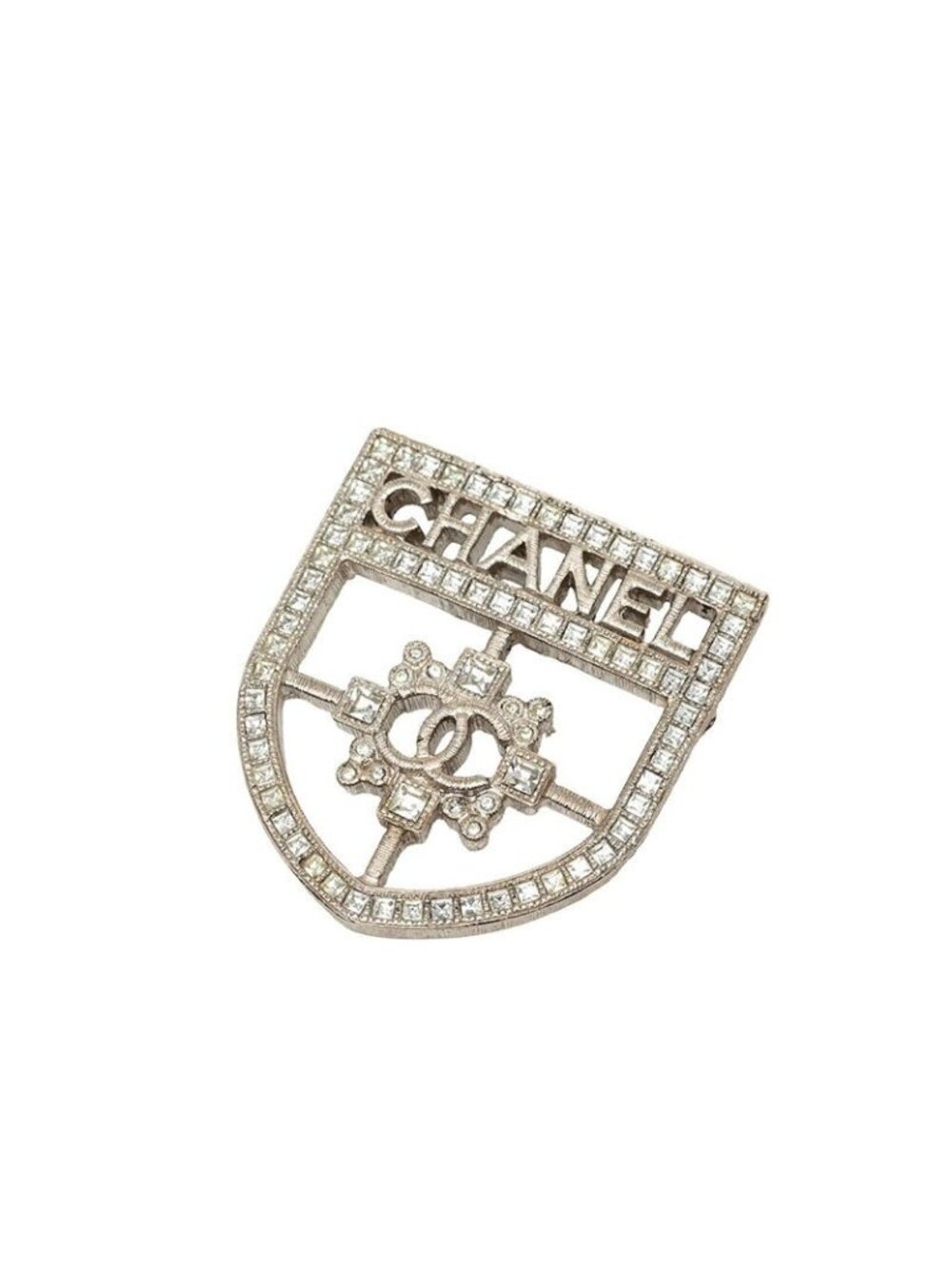 Chanel Logo Brooch Silver Metal Rhinestone